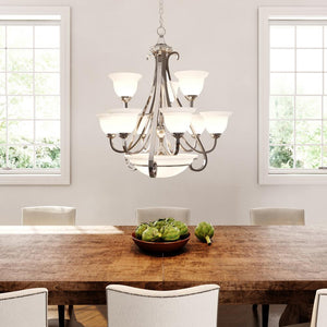 Torino 9-Light Brushed Nickel Chandelier with Etched Glass Shade